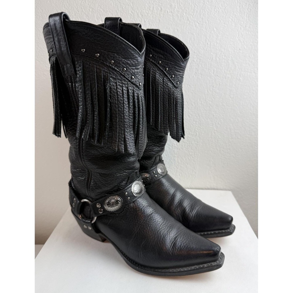 Laredo Black Leather Fringe Concho Studded Harness Womens Cowboy Boots Size 7.5